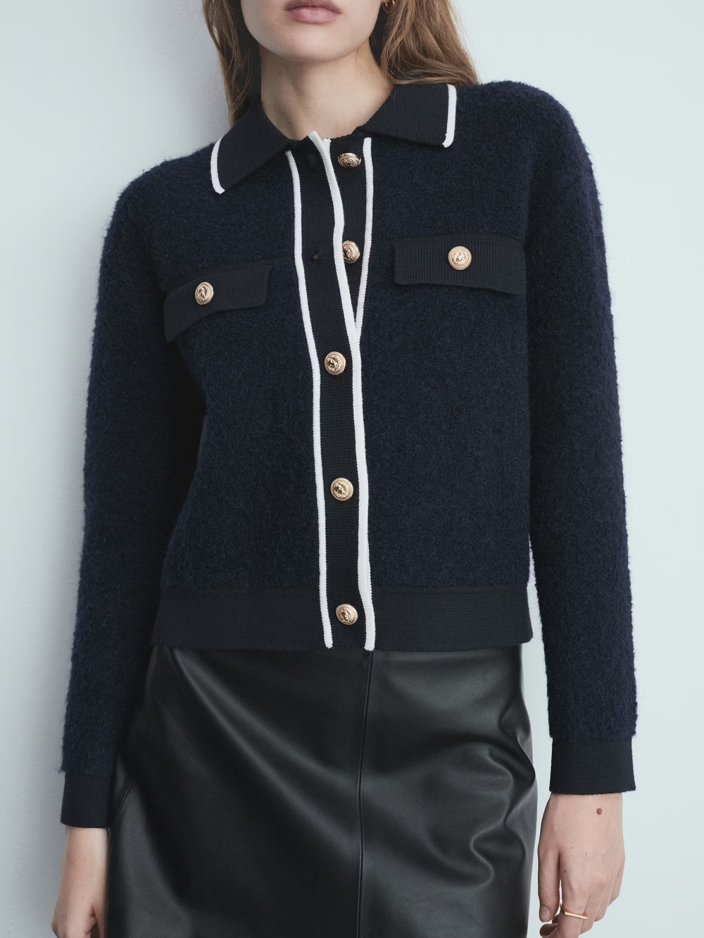 Mango Navy Knit Jacket with White Contrast Trim